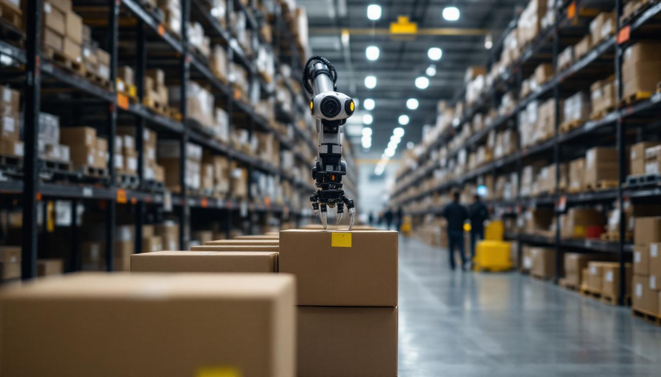 A photograph of a modern warehouse environment showcasing industrial robots in action
