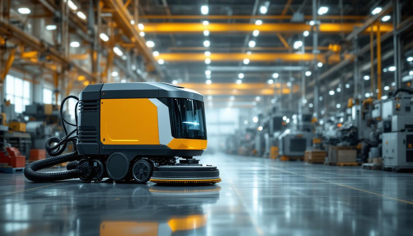 A photograph of a sleek industrial robotic cleaning machine in action within a large manufacturing facility