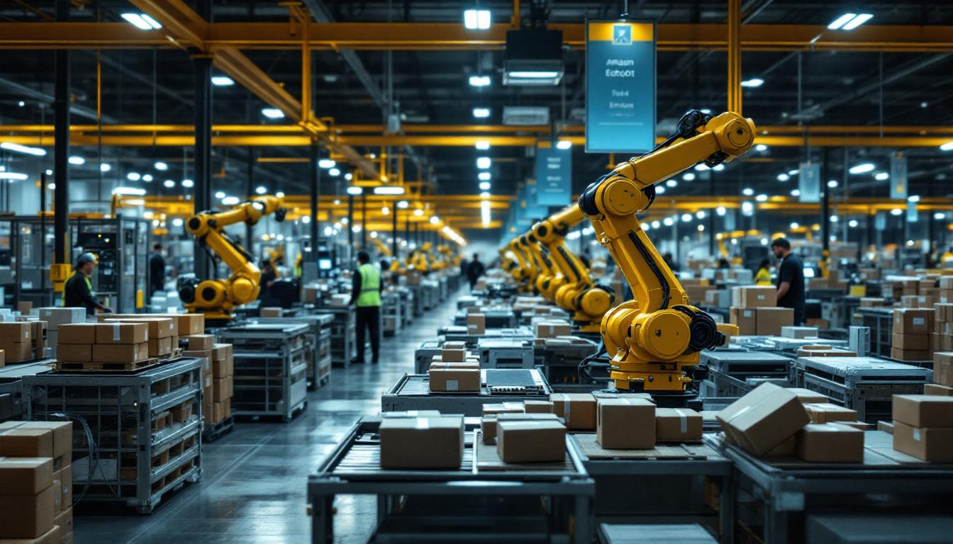 A photograph of a bustling amazon fulfillment center in shreveport