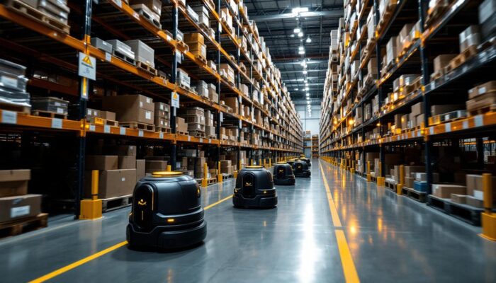 A photograph of capture a photograph of a kiva systems robotic system in action within an amazon fulfillment center