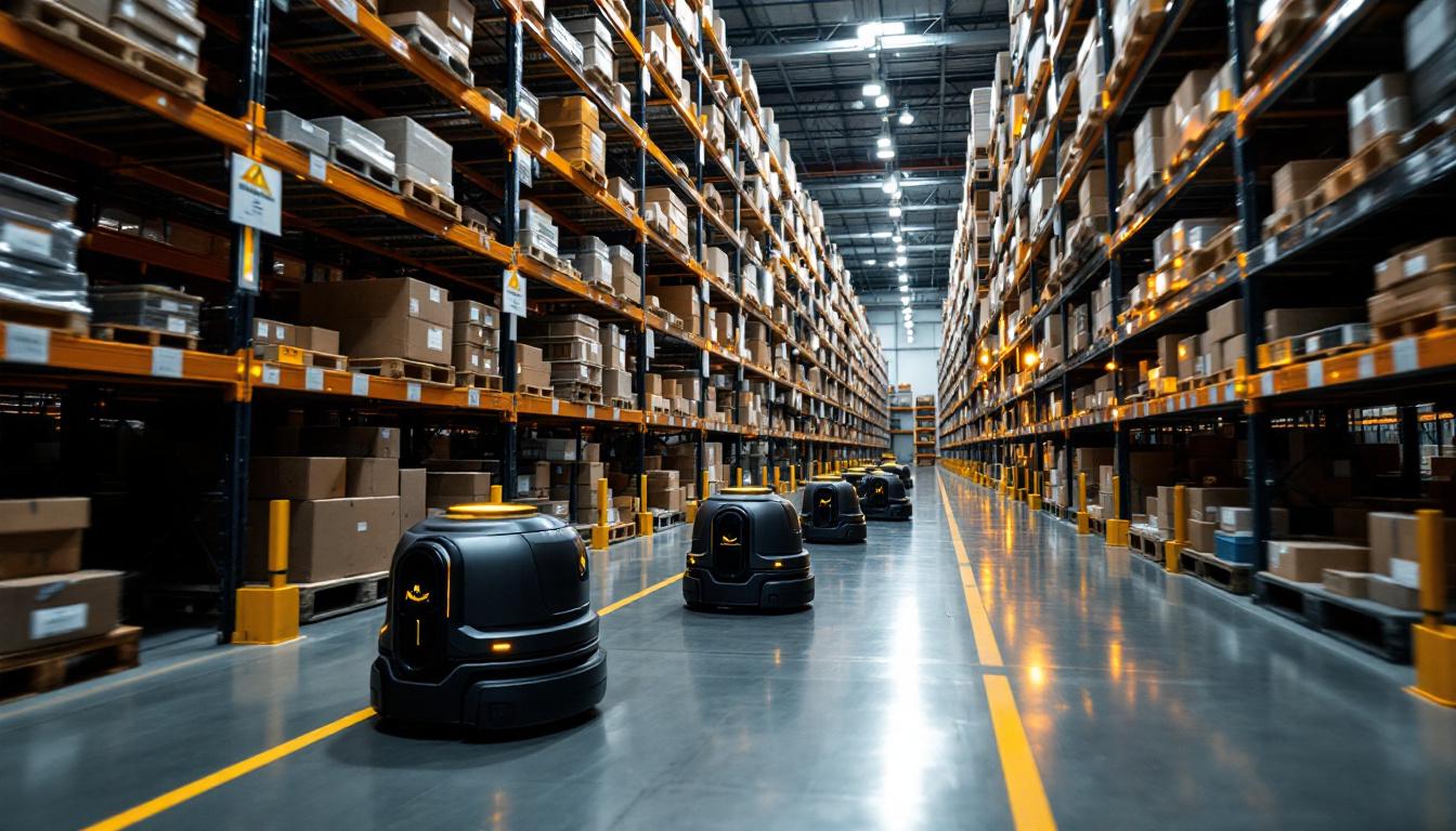 A photograph of capture a photograph of a kiva systems robotic system in action within an amazon fulfillment center
