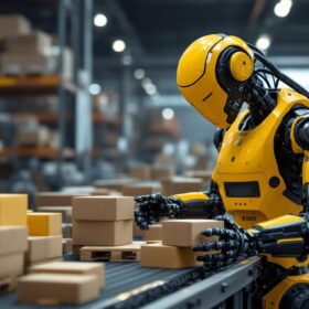 A photograph of a high-tech industrial robot in action