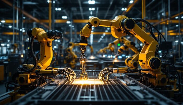 A photograph of a factory floor showcasing industrial robots in action