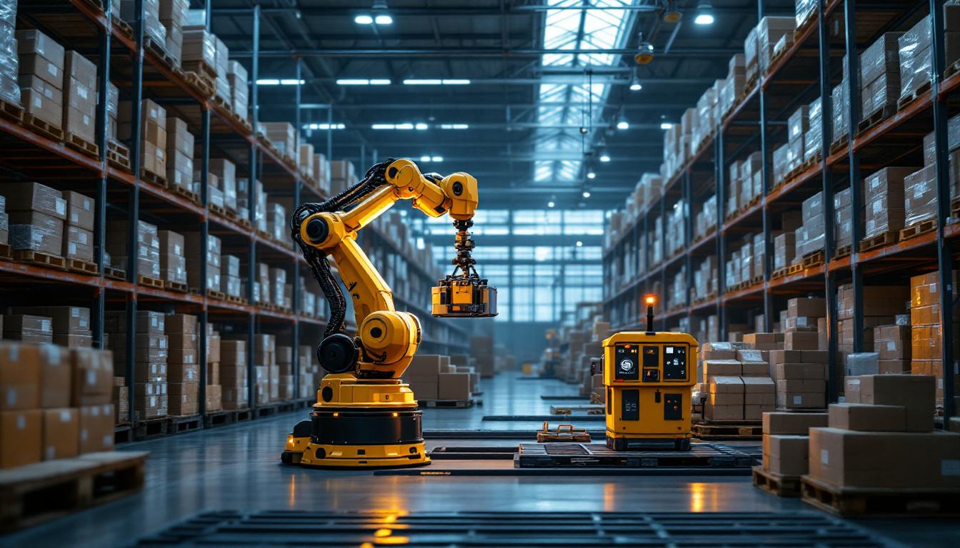 A photograph of a modern warehouse environment showcasing an industrial robot in action
