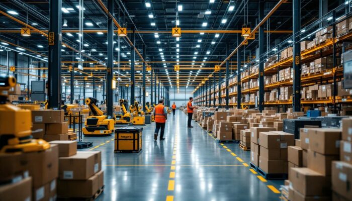 A photograph of a bustling amazon warehouse interior