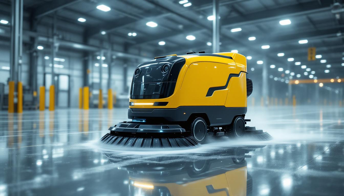 A photograph of a sleek industrial robotic scrubber in action
