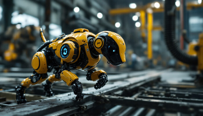 A photograph of a spot robot dog navigating an industrial environment