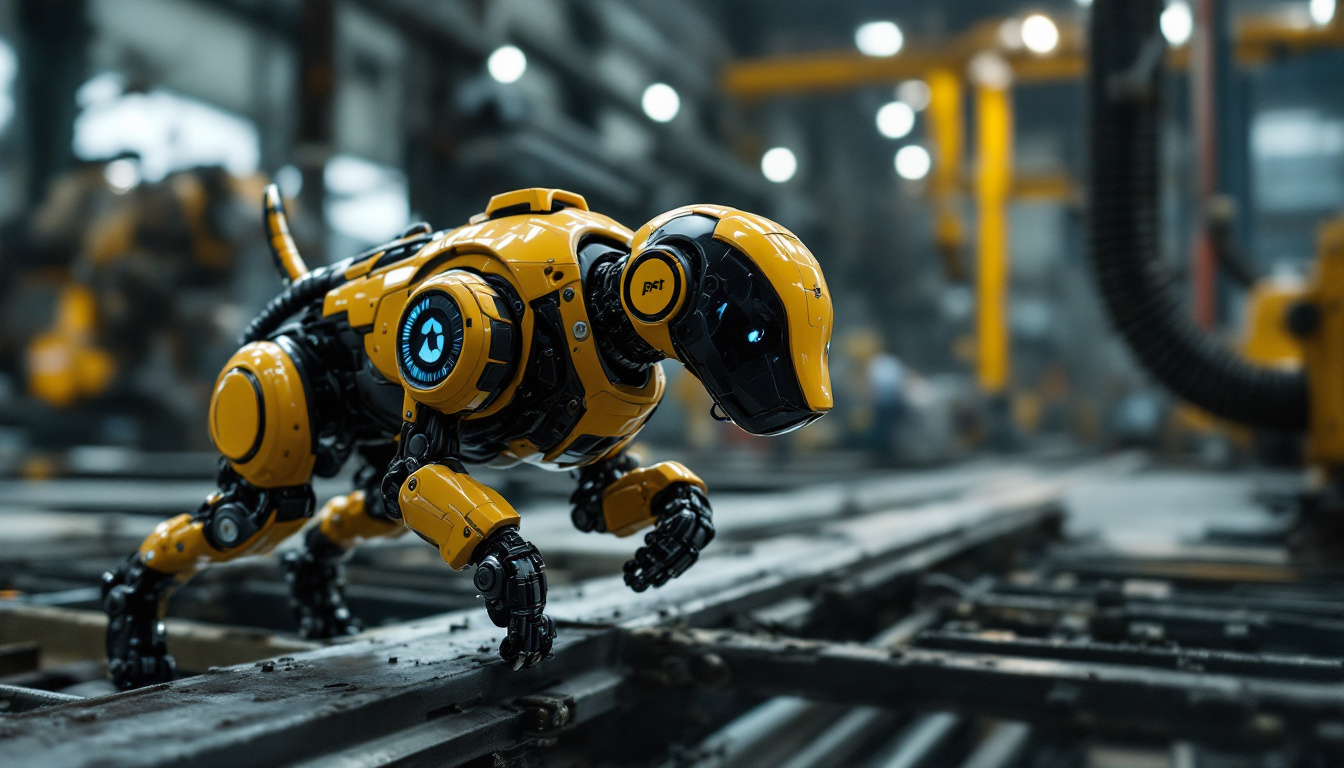 A photograph of a spot robot dog navigating an industrial environment