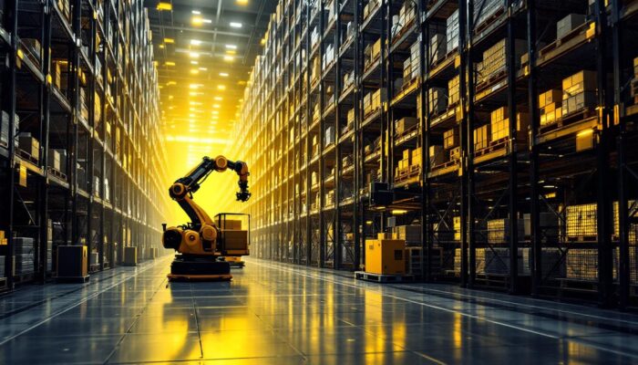 A photograph of a high-tech warehouse environment showcasing an automatic storage and retrieval system in action