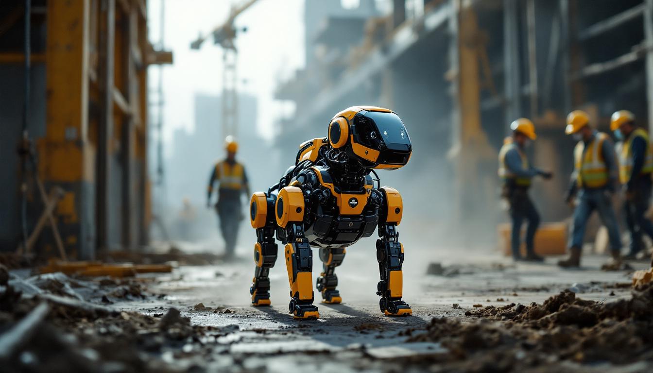 A photograph of a construction site featuring an industrial robotic dog in action