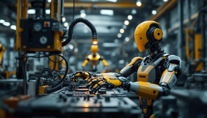 A photograph of a sleek industrial robot in action within a manufacturing setting