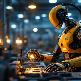 A photograph of a sleek industrial robot in action within a manufacturing environment