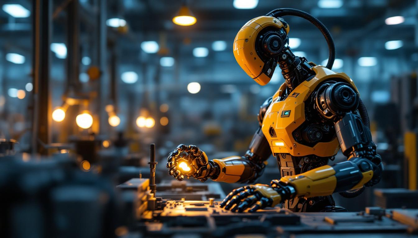A photograph of a sleek industrial robot in action within a manufacturing environment