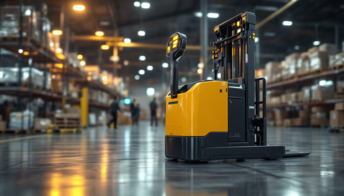 A photograph of a modern industrial pallet jack in action within a warehouse setting