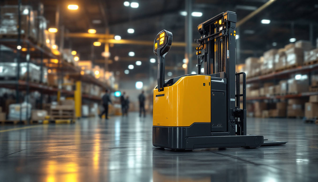 A photograph of a modern industrial pallet jack in action within a warehouse setting