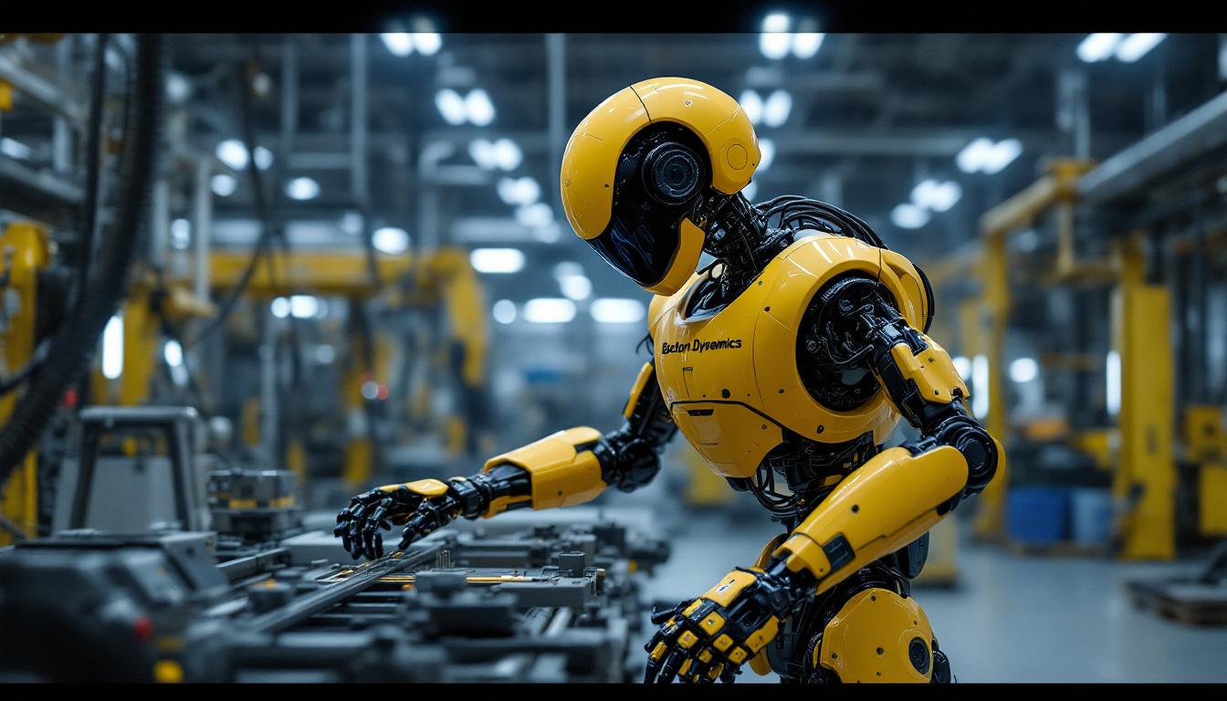 A photograph of a boston dynamics atlas robot in action within an industrial setting