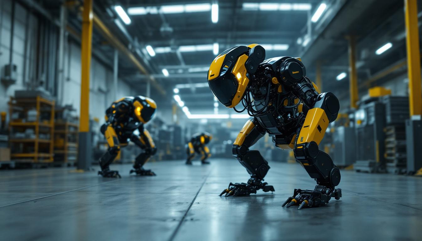 A photograph of capture a photograph of boston dynamics' headquarters showcasing their cutting-edge robotic technology in action