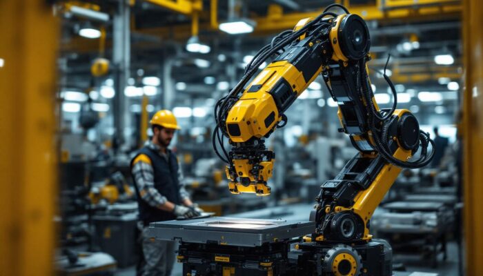 A photograph of capture a photograph of a dynamic industrial robot in action within a boston-based manufacturing facility