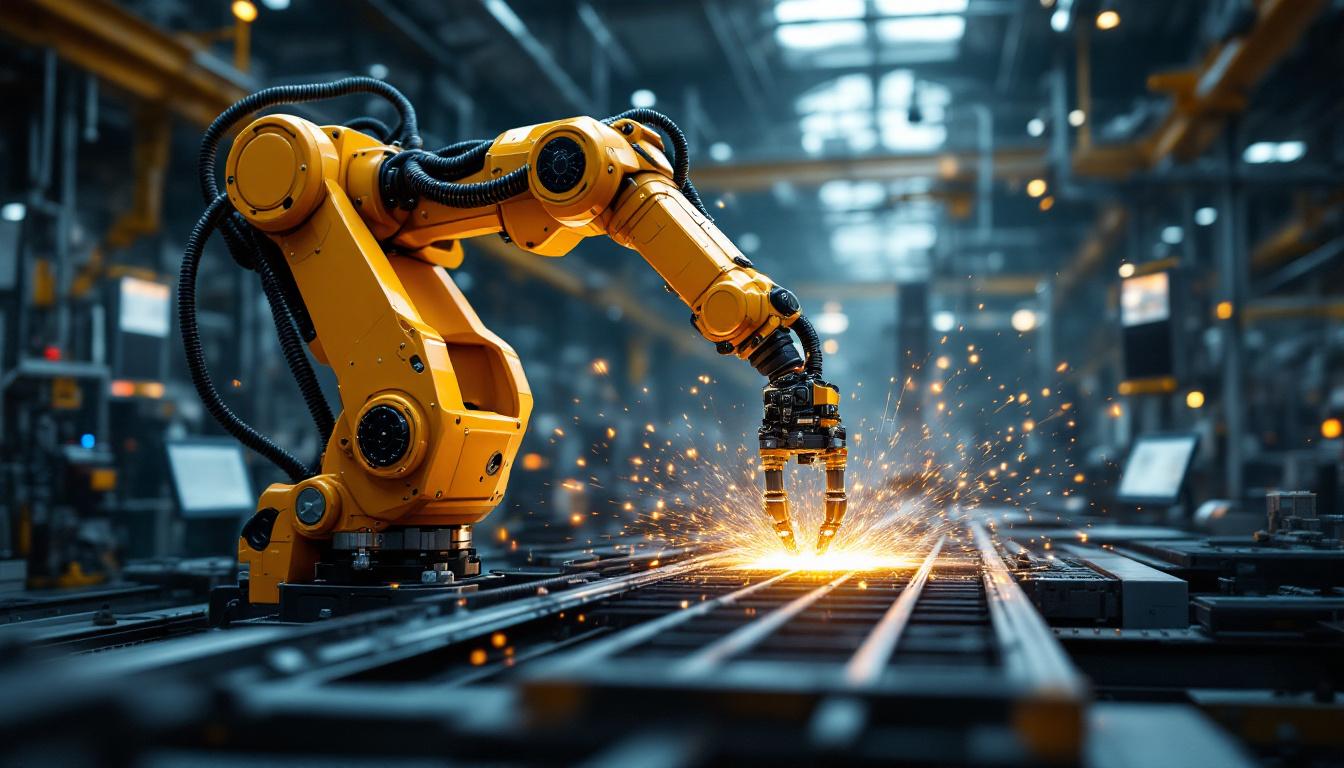 A photograph of a dynamic industrial robotic arm in action