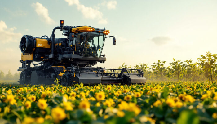 A photograph of a modern agricultural field showcasing an industrial robotic system in action