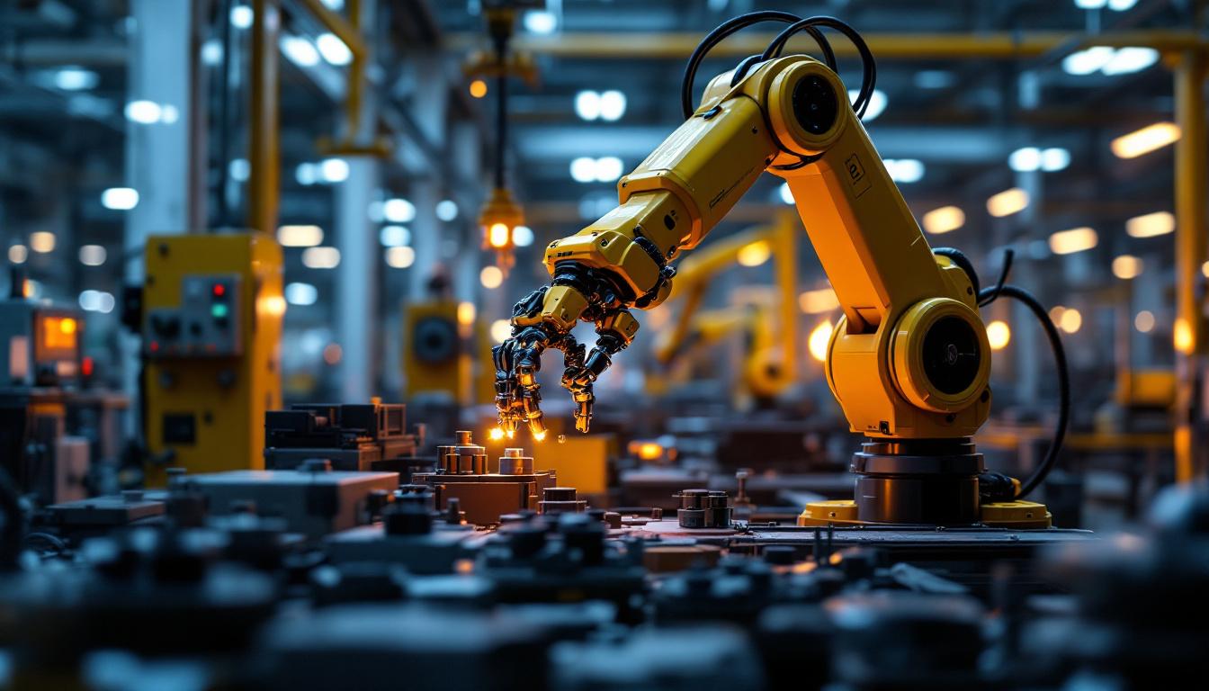 A photograph of a dynamic industrial setting showcasing a robotic arm in action