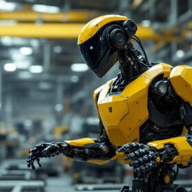 A photograph of a boston dynamics robot in action within an industrial setting