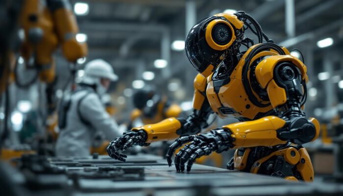 A photograph of a boston dynamics robot in action within an industrial setting