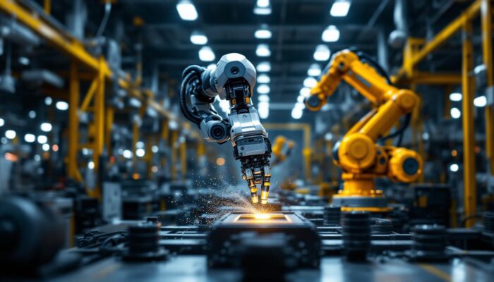 A photograph of a dynamic industrial robot in action within a manufacturing environment
