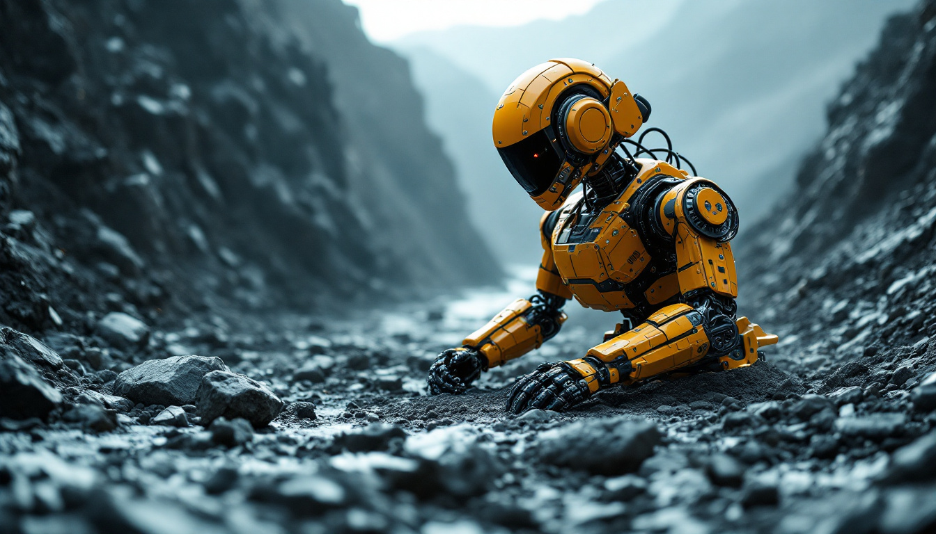 A photograph of a state-of-the-art industrial robot in action within a mining environment