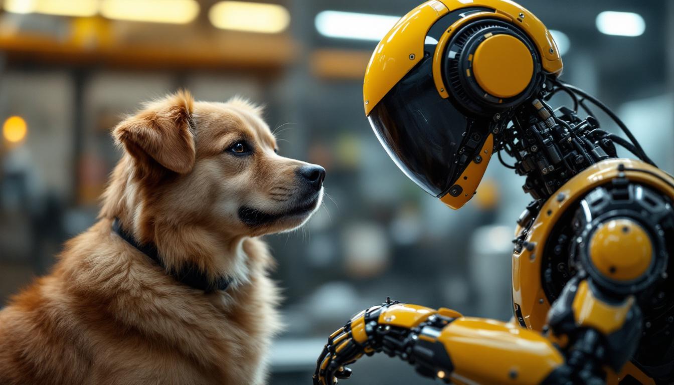 A photograph of a friendly dog interacting with a sleek industrial robot in a workshop setting
