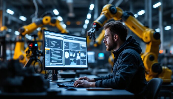 A photograph of a skilled robotics software engineer working at a computer