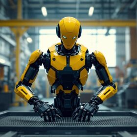 A photograph of a boston dynamics humanoid robot in action within an industrial setting