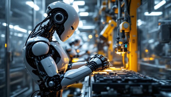 A photograph of a sleek industrial robot in action within a modern manufacturing environment