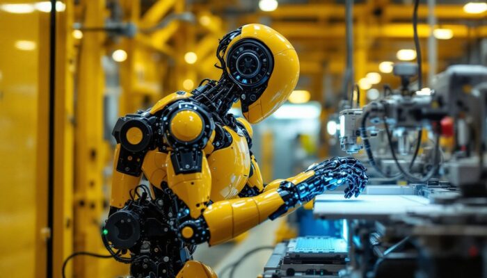 A photograph of a sleek industrial robot in action within a manufacturing environment