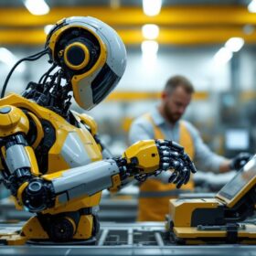 A photograph of a sleek industrial robot in action within a boston-based manufacturing facility