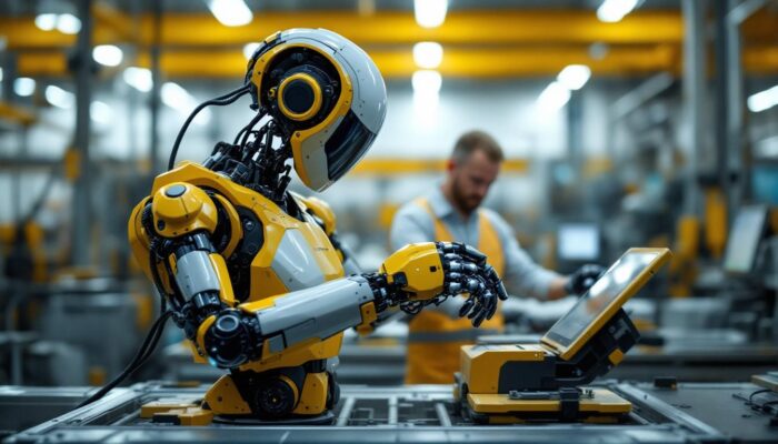 A photograph of a sleek industrial robot in action within a boston-based manufacturing facility