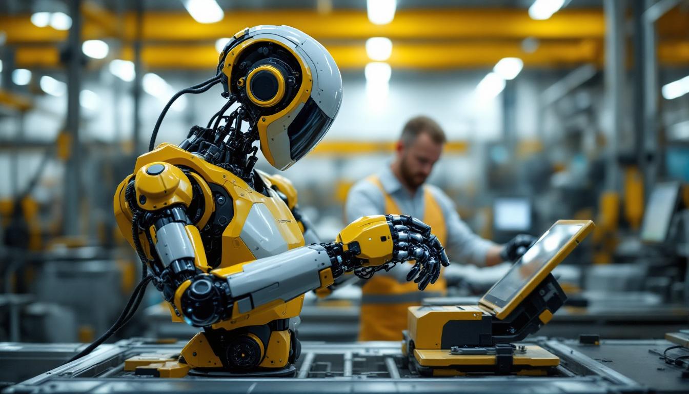 A photograph of a sleek industrial robot in action within a boston-based manufacturing facility