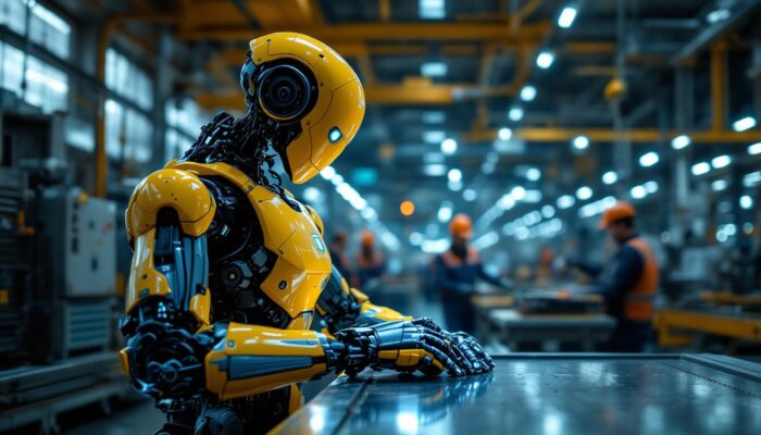 A photograph of a sleek industrial robot in action within a manufacturing setting