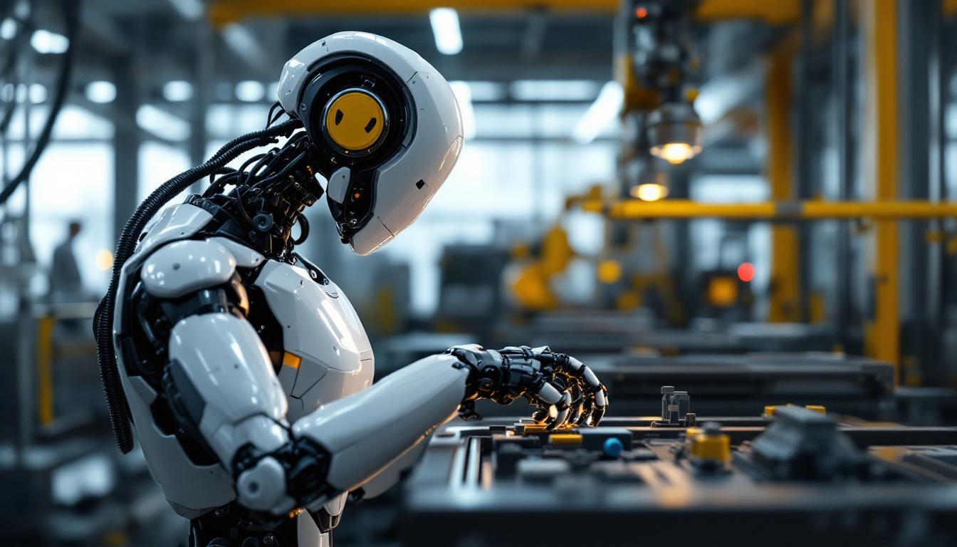 A photograph of a sleek industrial robot in action within a factory setting