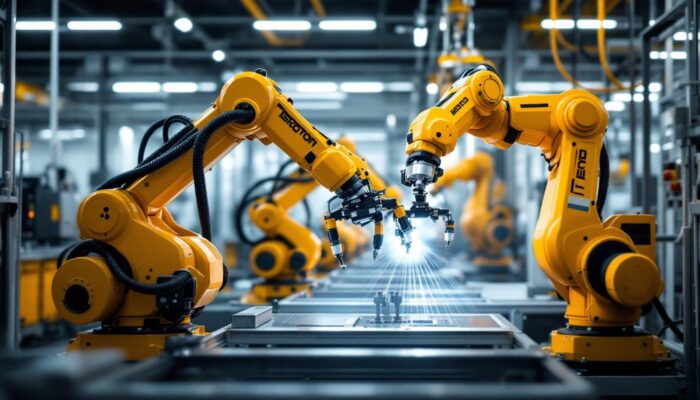 A photograph of a dynamic industrial robotics setting featuring boston scientific's advanced robotic systems in action