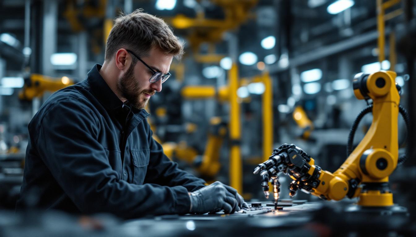 A photograph of a skilled robotics engineer working on an industrial robotic arm in a modern manufacturing facility