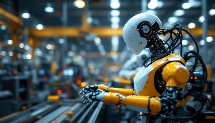 A photograph of a sleek industrial robot in action