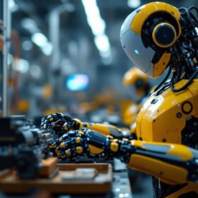 A photograph of a sleek industrial robot in action within a manufacturing environment