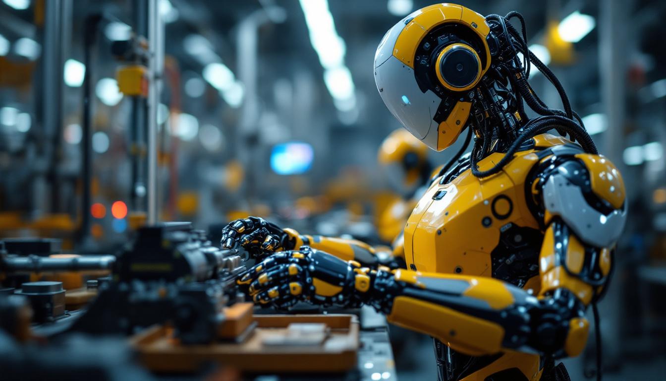 A photograph of a sleek industrial robot in action within a manufacturing environment