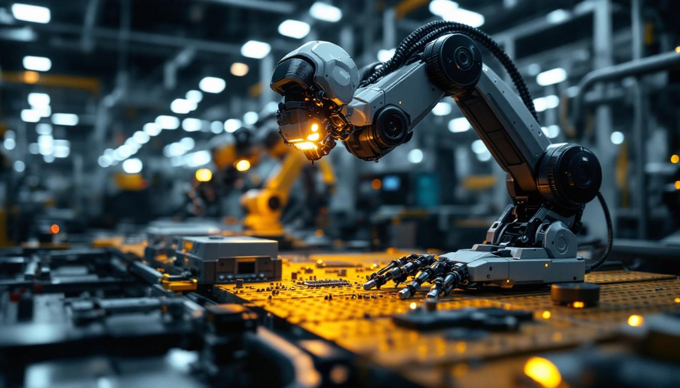 A photograph of a sleek industrial robot in action on a factory floor