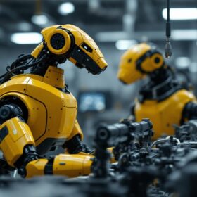 A photograph of capture a photograph of the general dynamics robot dog in an industrial setting