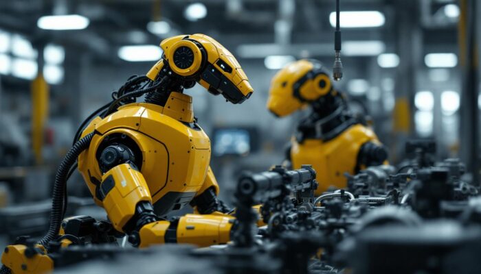 A photograph of capture a photograph of the general dynamics robot dog in an industrial setting