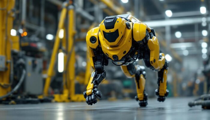 A photograph of capture a photograph of a boston dynamics robotic dog in an industrial setting