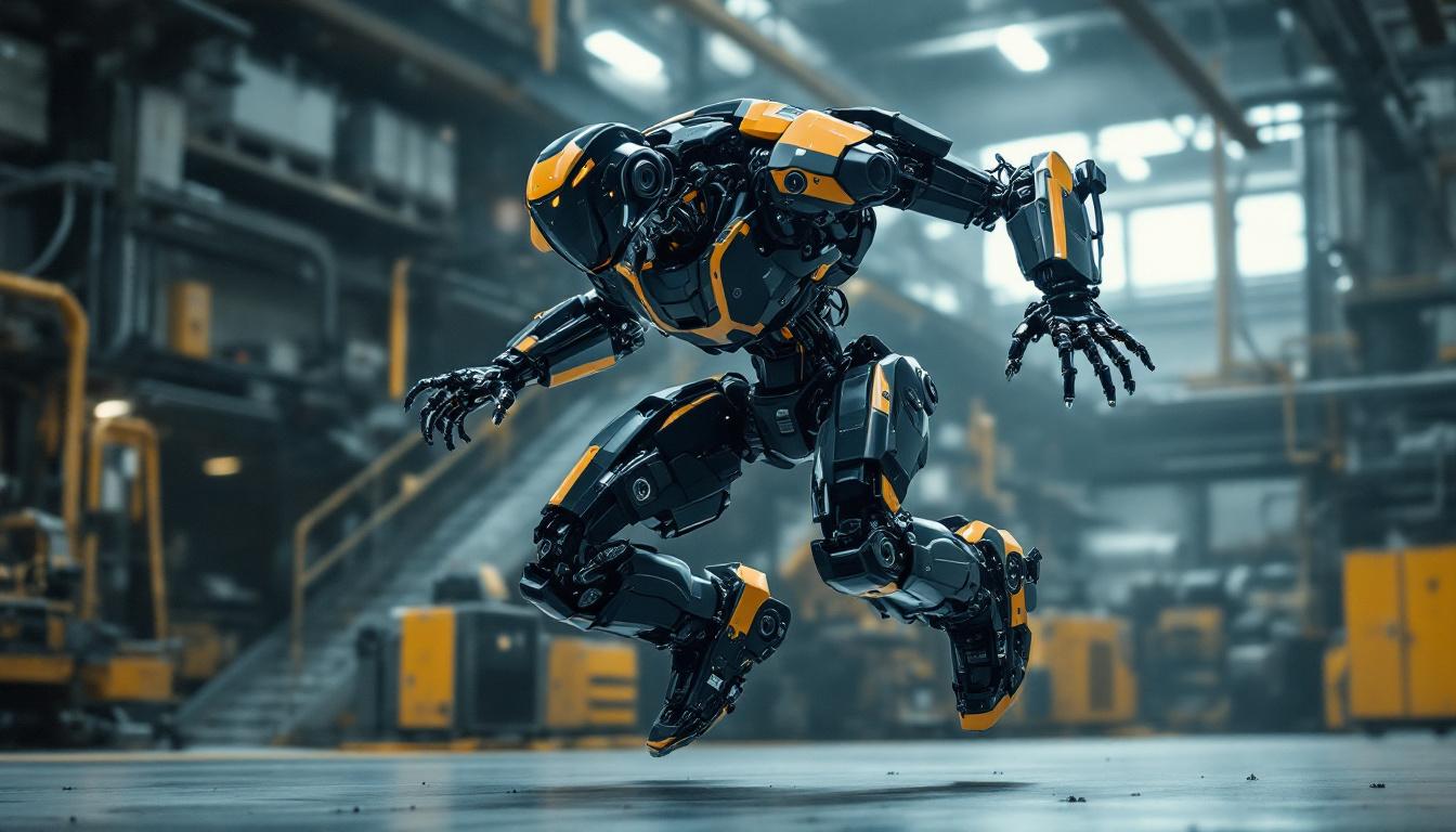 A photograph of a boston dynamics atlas robot performing an impressive parkour maneuver in an industrial setting