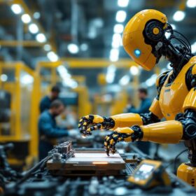 A photograph of a dynamic industrial robot in action